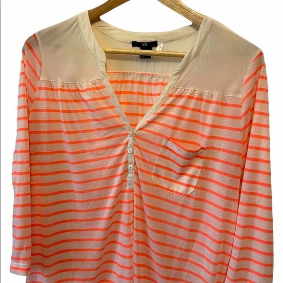 H&M Coral&Tan Semi Sheer Striped Light Top M - Picture 2 of 8